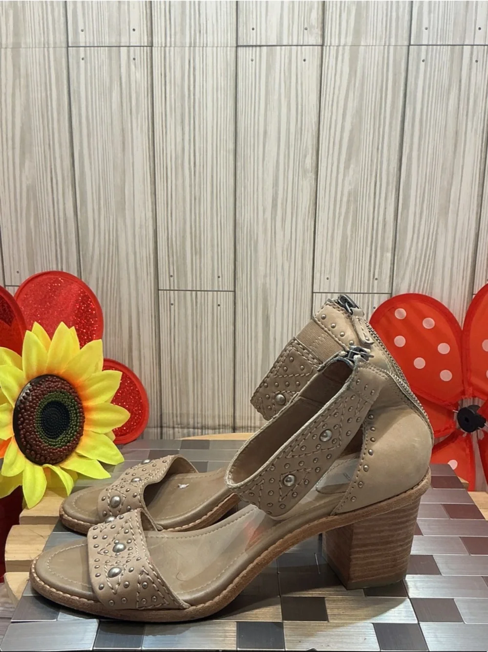 Frye Beige Studded Ankle-Strap Heeled Sandals